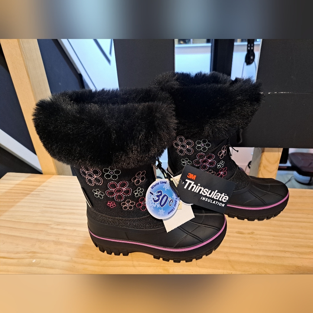 Brand New George Girls Black and Pink Floral Winter Boots With Zipper Closure